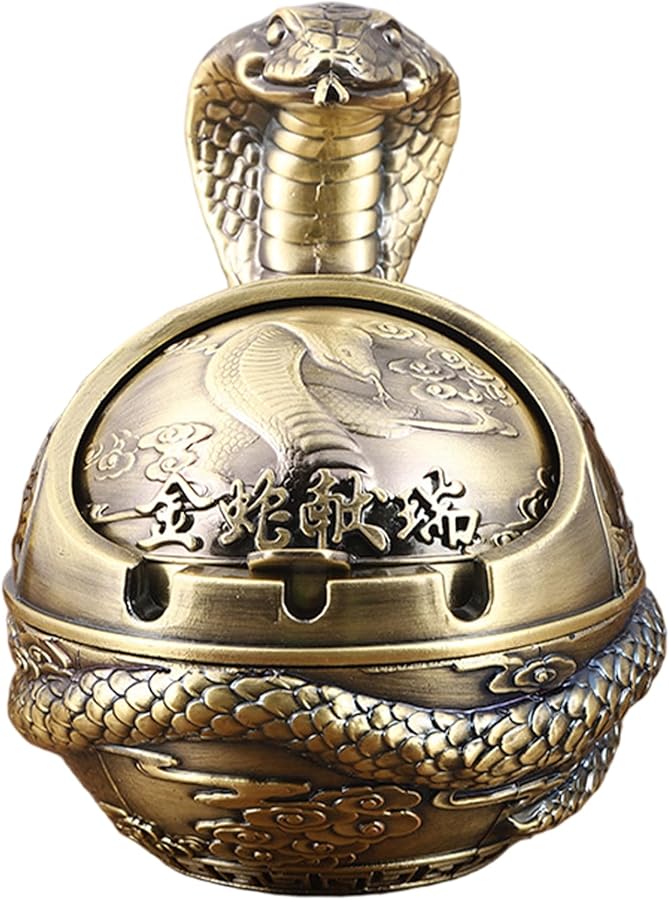 صحن رماد معدني كلاسيكي مقاوم للرياح بغطاء، بتصميم منحوت على شكل ثعبان، صغير الحجم ومحمول لسجائر السيجار - Image 1